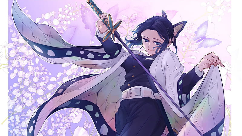 Demon Slayer Shinobu Kochou Having Sword With Background Of Purple Flowers And Butterflies Anime, HD wallpaper