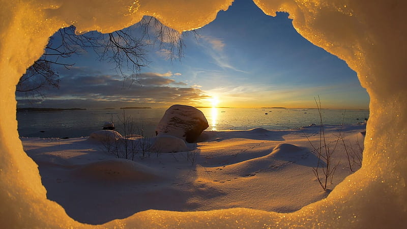 Winter Sunset, rocks, thaw, sunset, trees, sea, winter, snow, nature, reflection, HD wallpaper