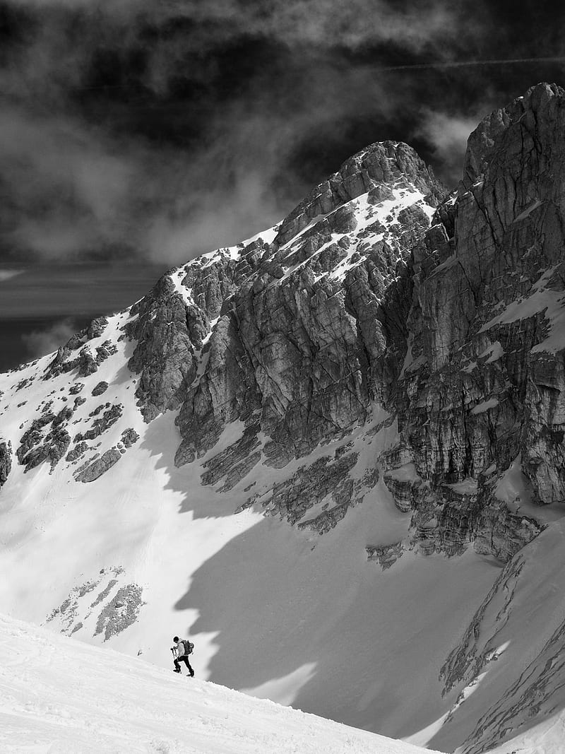 mountains, climber, snow, bw, landscape, HD phone wallpaper