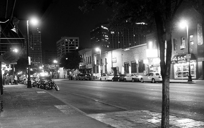 night lights on E 6th street in austin texas, bW, city, street, lights, night, HD wallpaper