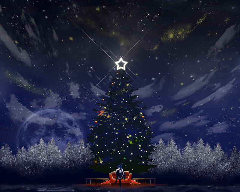 Miku's Christmas Tree, red, vocaloid, stars, christmas, miku, clouds,  lights, HD wallpaper | Peakpx