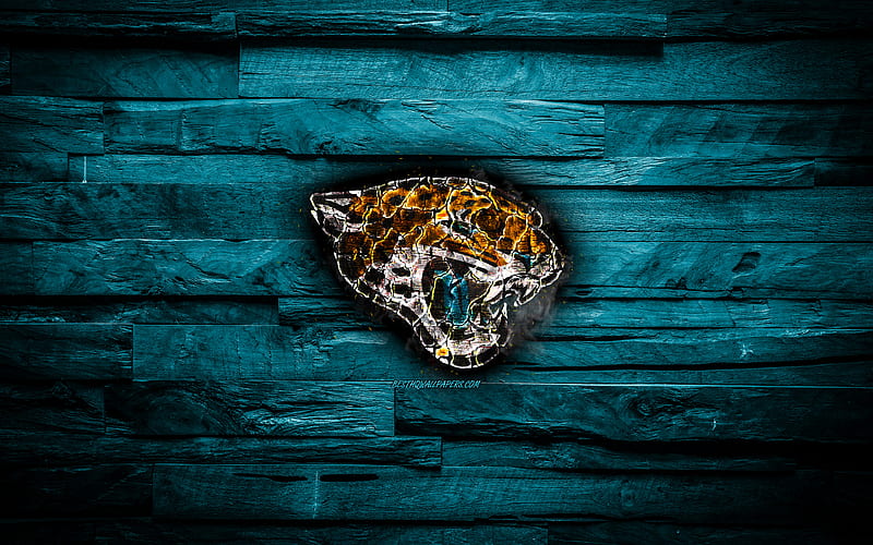 Jacksonville Jaguars scorched logo, NFL, blue wooden background, american baseball team, American Football Conference, grunge, baseball, Jacksonville Jaguars logo, fire texture, USA, AFC, HD wallpaper