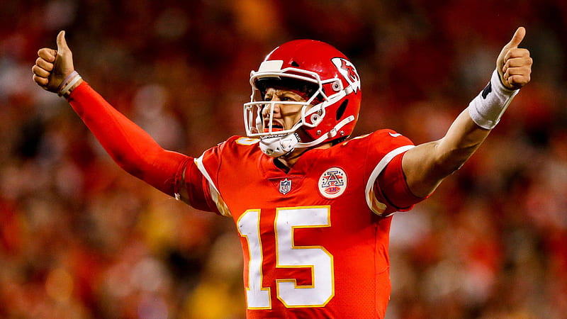 patrick mahomes in blur audience background showing thumbs up wearing red sports dress sports-, HD wallpaper