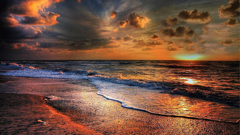 Seaside Sunset, beach, seaside, nature, sunset, waves, clouds, sky, sea, HD  wallpaper