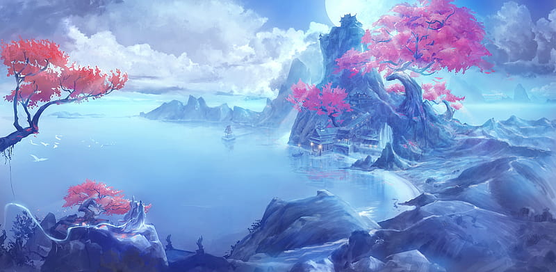 Fantasy, art, water, luminos, zhi yang, spring, pink, blue, HD wallpaper
