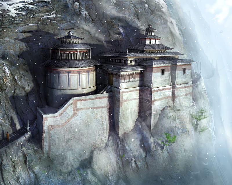 Temple Retreat, monk, 3d, cg, temple, cliff, abstract, artwork, steps, HD wallpaper