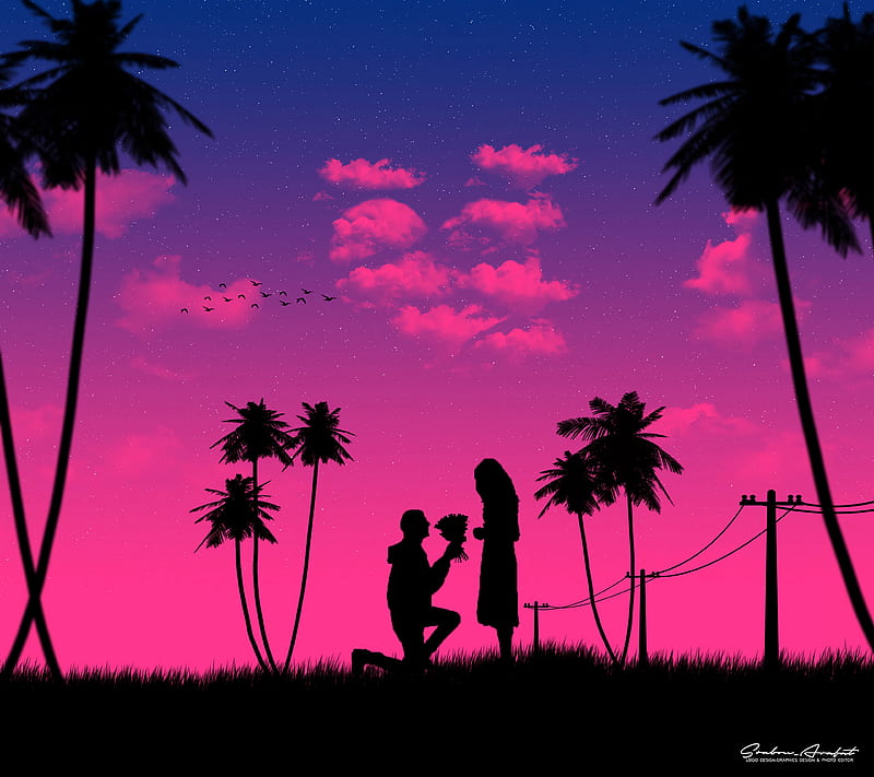 silhouettes, love, couple, romance, night, art, HD wallpaper