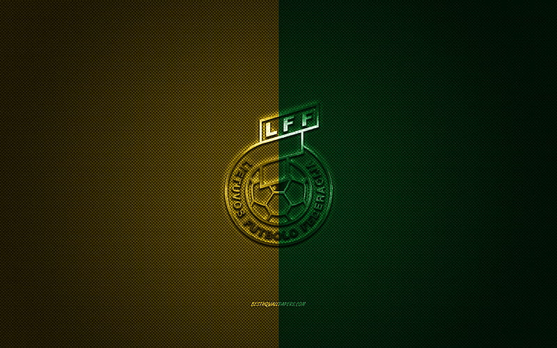 Lithuania national football team, emblem, UEFA, yellow-green logo, yellow-green fiber background, Lithuania football team logo, football, Lithuania, HD wallpaper