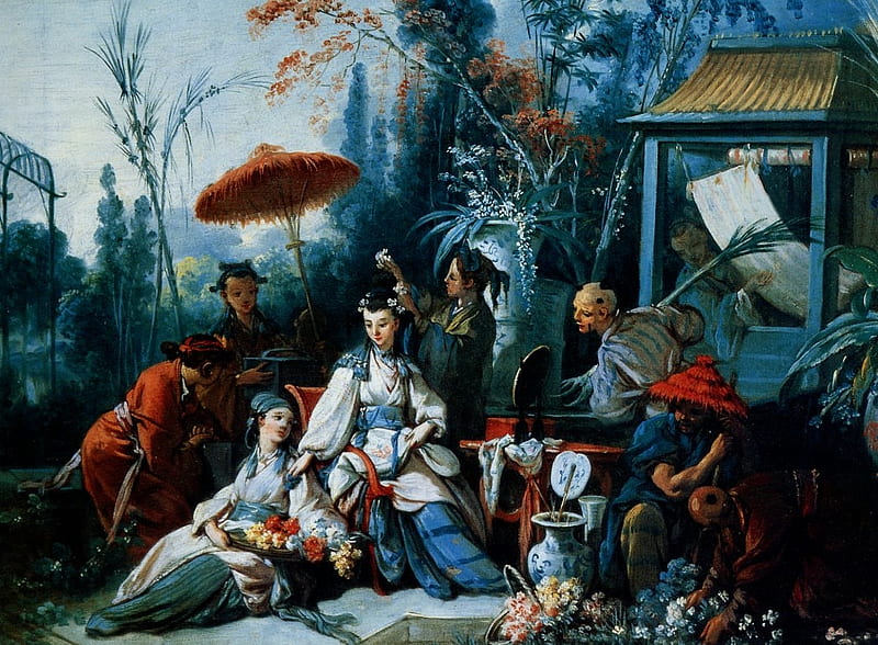 Chinese garden, art, umbrella, hand fan, people, francois boucher, garden, painting, chinese, parasol, pictura, blue, HD wallpaper