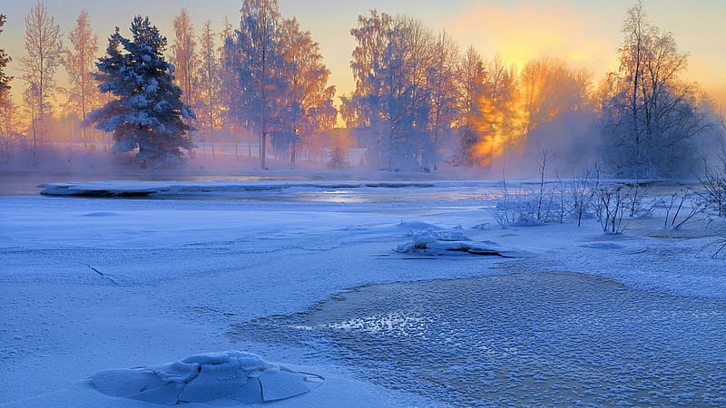 Voxnan River, Haelsingland, Sweden, morning, sunrise, snow, winter ...