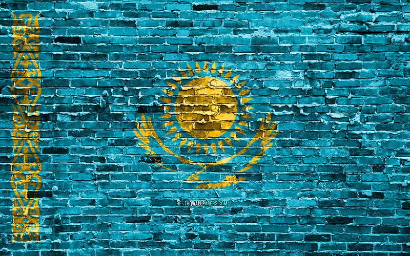 Kazakh flag, bricks texture, Asia, national symbols, Flag of Kazakhstan, brickwall, Kazakhstan 3D flag, Asian countries, Kazakhstan, HD wallpaper