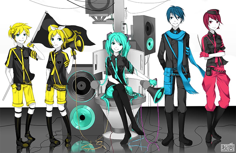 vocaloids, vocaloid, anime, aqua, yellow, pink, blue, friends, HD wallpaper vocaloids, vocaloid, anime, aqua, yellow, pink, blue, friends, HD wallpaper