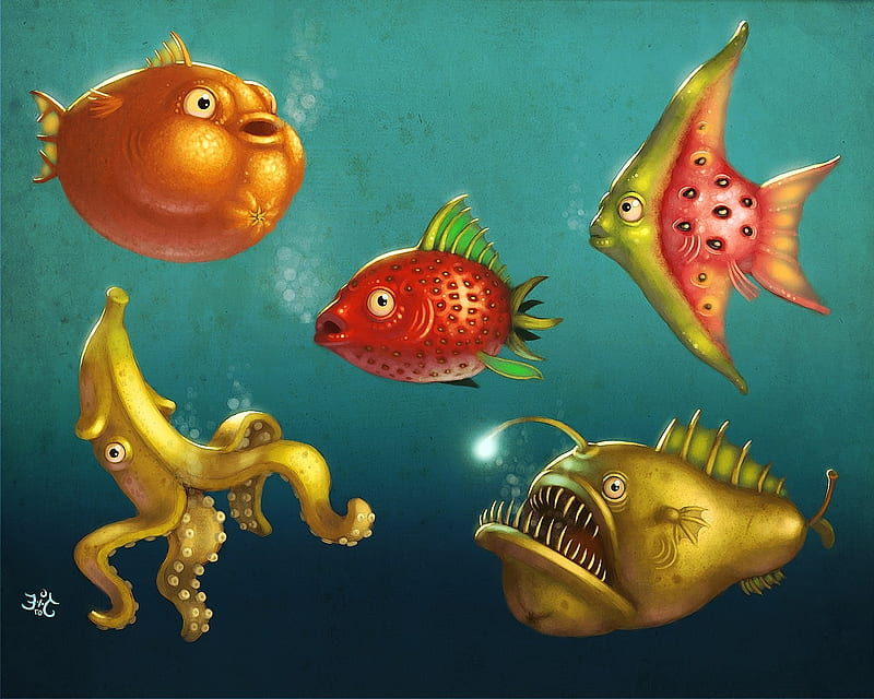 Fruity fish, red, strawberry, fish, orange, yellow, sea, fruit, fantasy, green, banana, art, underwater, pear, luminos, creative, summer, raspberry, HD wallpaper
