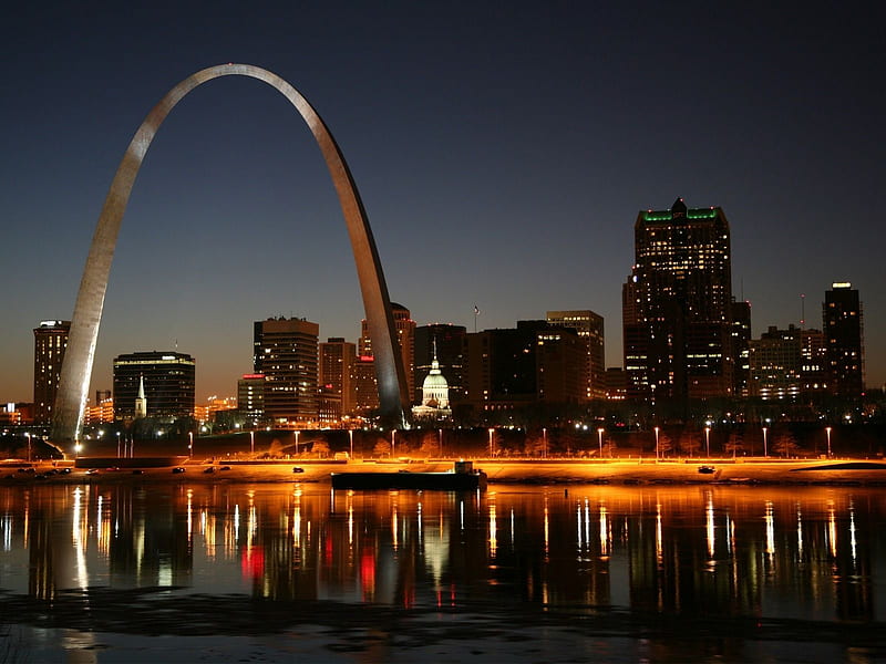 The St. Louis Gateway Arch at Night Time., stable, stainless steal, height is 630 feet, night time river, HD wallpaper