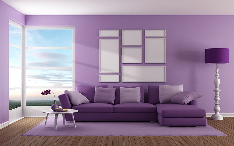 living room, stylish modern interior, project, purple living room, purple sofa, HD wallpaper