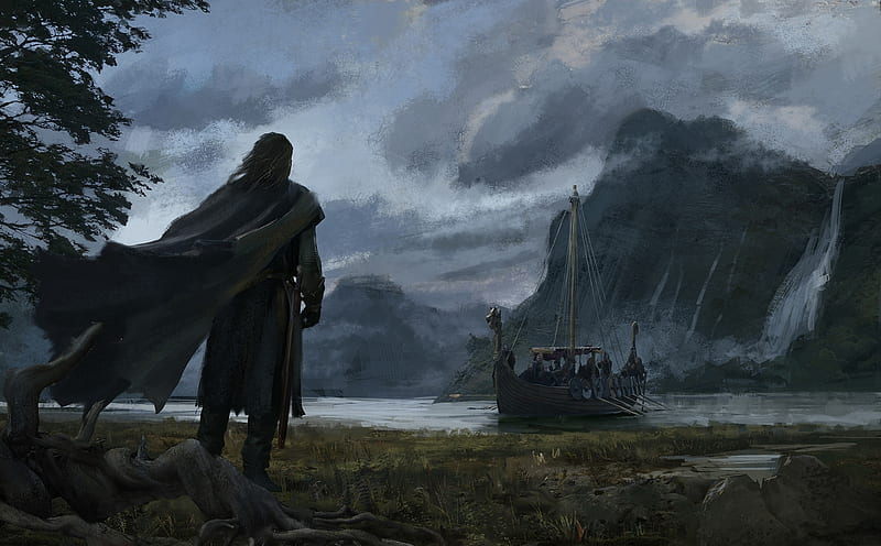 Warrior, art, black, man, boat, fantasy, ship, dark, river, viking, andrey bakulin, HD wallpaper