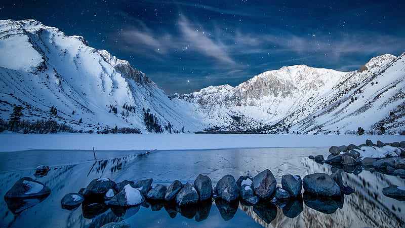 Lake With Snow Covered Mountain Reflection Under Blue Sky With Stars During Winter Winter, HD wallpaper