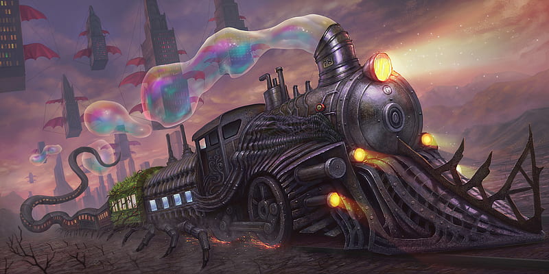 Strange Train In Strange World, train, artist, artwork, digital-art, HD wallpaper