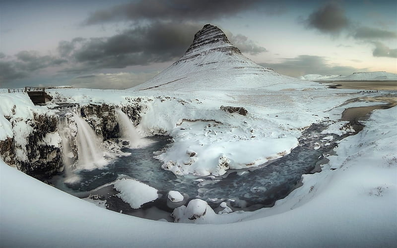 winter, snow, waterfall, river, mountain, Iceland, HD wallpaper
