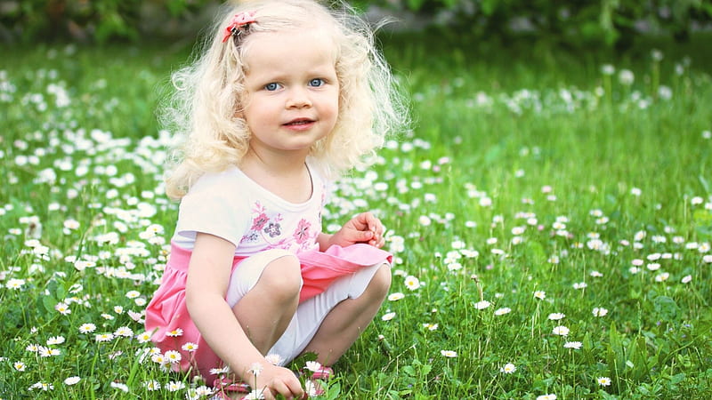 Cute Little Girl Is Sitting On Green Grass Wearing Pink White Dress Cute, HD wallpaper