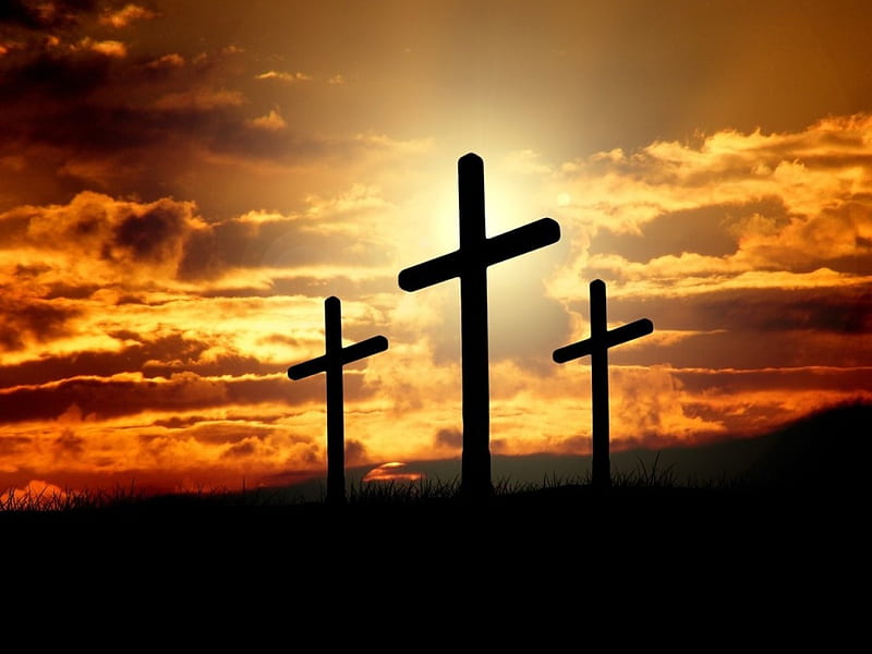Crosses at sunset, christ, jesus, sunset, religion, cross, sky, HD wallpaper