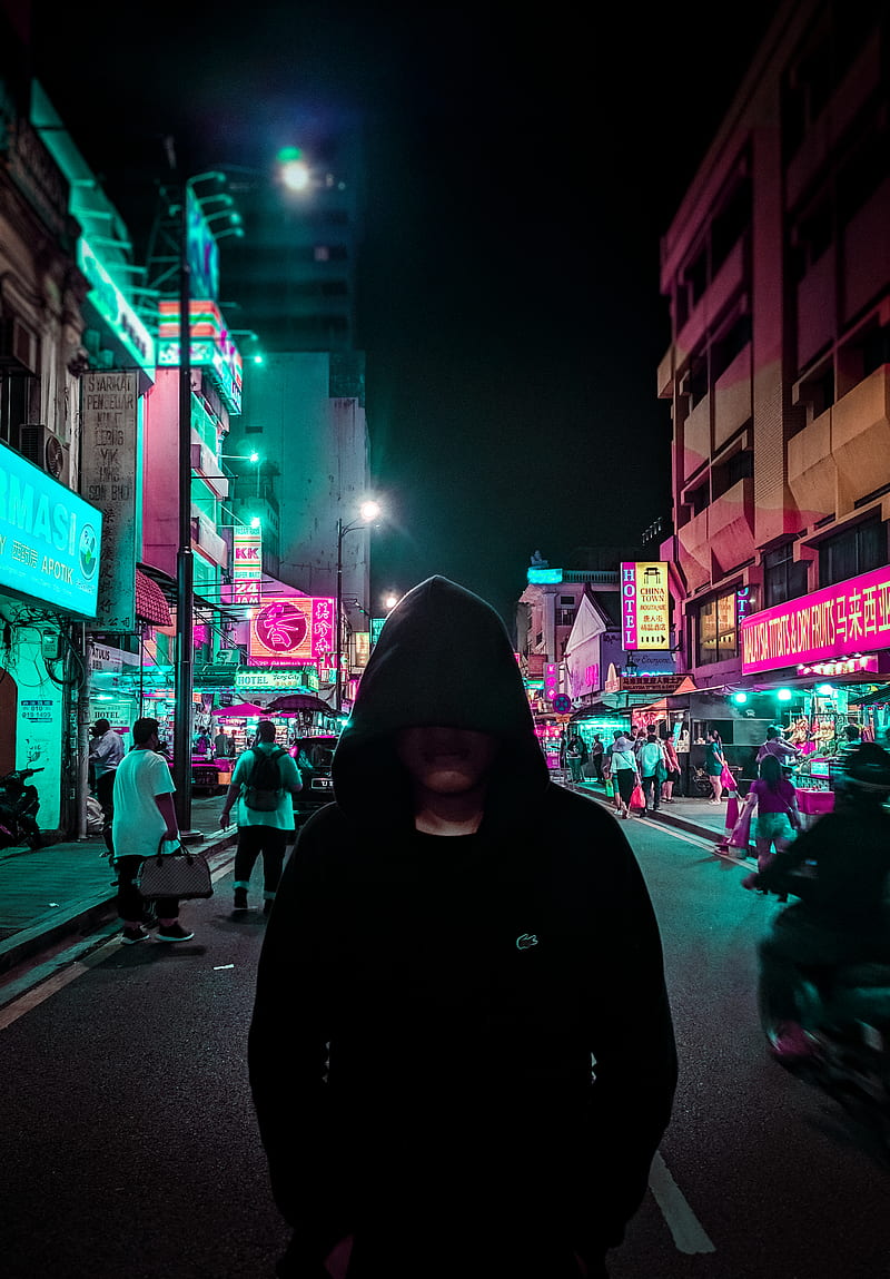 man in black hoodie walking on street during night time, HD phone wallpaper