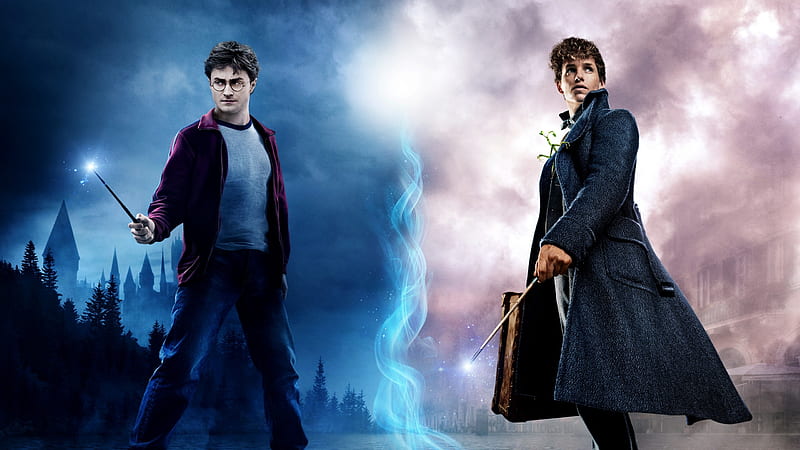 Harry Potter / Newt Scamander, movie, harry potter, man, wizard, blue, newt scamander, poster, Daniel Radcliffe, fantastic beasts, fantasy, Eddie Redmayne, HD wallpaper