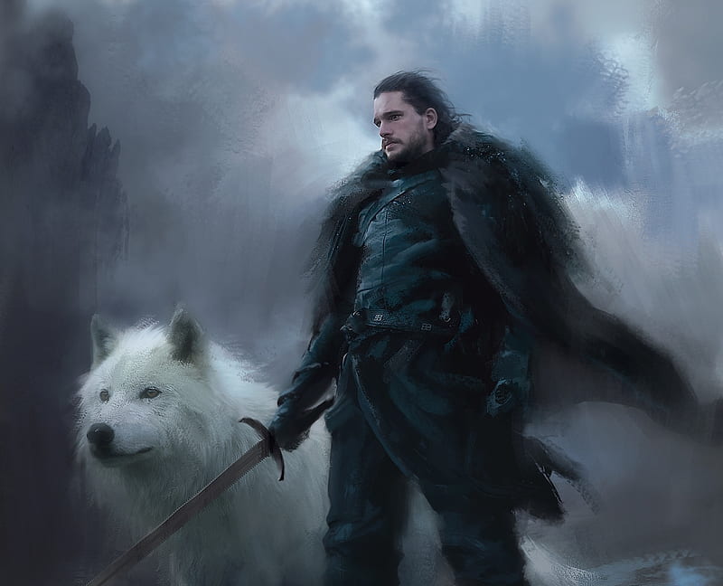 Jon Snow and Ghost, white, lasahido, art, luminos, game of thrones, black, man, fantasy, ghost, lup, wolf, jon snow, sword, HD wallpaper