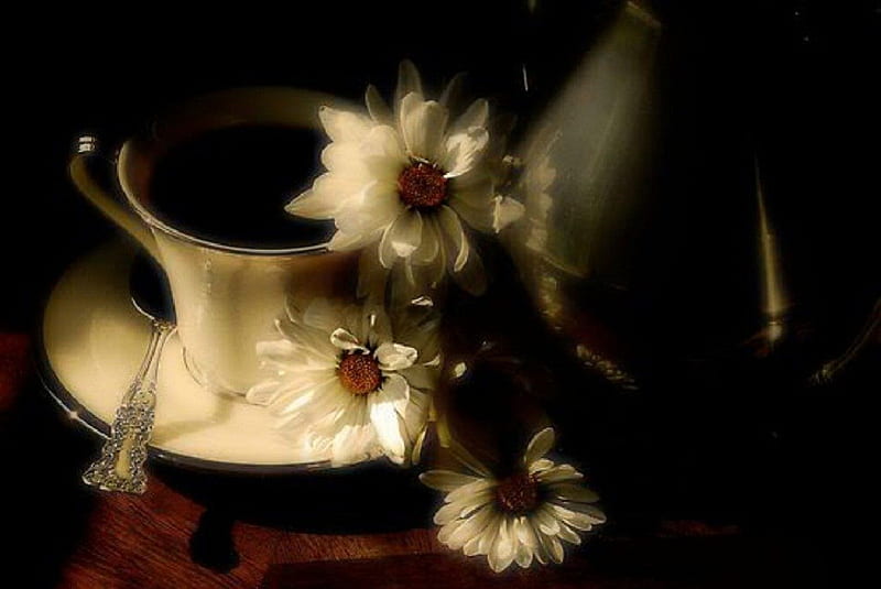 Good Morning, flowers, coffee, cups, morning break, HD wallpaper