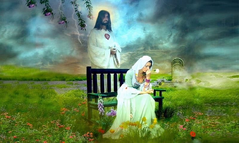 You Are Never Alone, Jesus Christ, love, Field, lord, Savior, woman, protector, praying, Sadness, lonliness, HD wallpaper