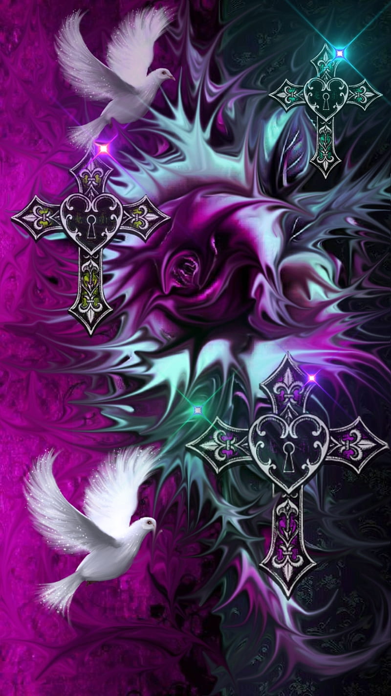 Angelic, colorful, crosses, dove, flower, peace, purple, religion, rose, HD phone wallpaper