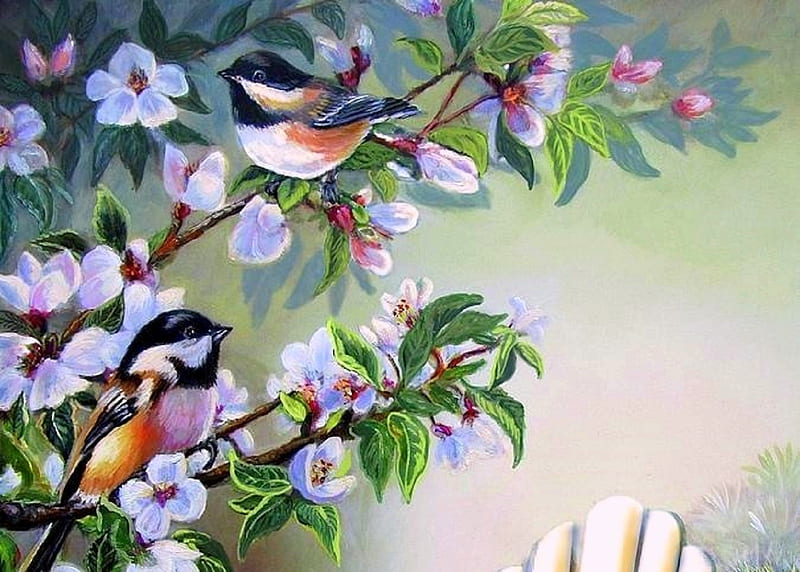 Chickadees in Garden, draw and paint, love four seasons, birds, spring, chickadees, paintings, summer, flowers, garden, animals, HD wallpaper