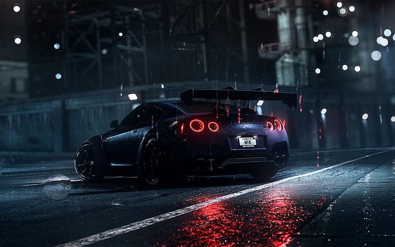 Nissan GT-R, night, stance, black GT-R, R35, rain, tuning, supercars, japanese cars, Nissan, HD wallpaper