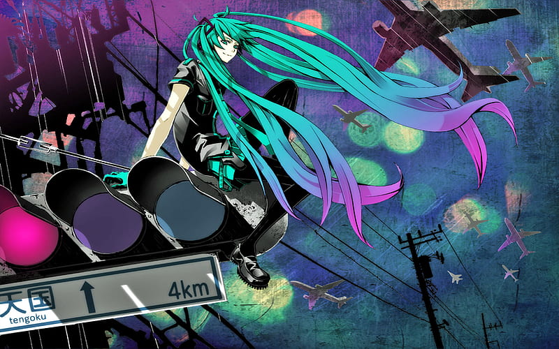 Hatsune Miku - Love is War, pretty, colorful, 747 boeing, hatsune miku, boeing, headphones, bonito, lights, airplanes, anime, song title, microphones, beauty, telephone poles, vocaloids, vocaloid, title, twintail, poles, skirt, love is war, miku, planes, traffic lights, headset, cute, hatsune, song, HD wallpaper