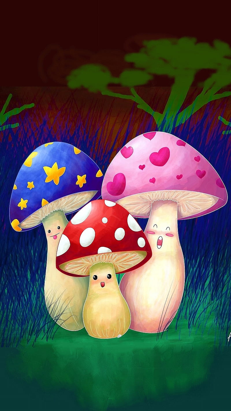cute mushrooms, bonito, colorful, fantasy, forest, grass, corazones, pink, red, HD phone wallpaper