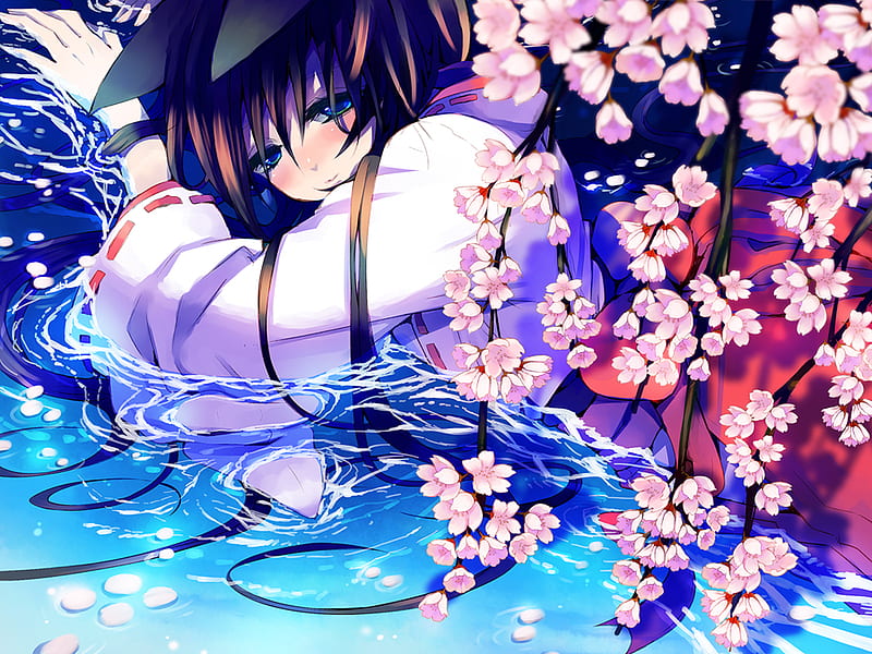 Cherry_Blossom, sakura blossom, plant, cherry blossom, sweet, blossom, nice, japan, anime, hot, anime girl, pink, blue, sakura, female, japanese, kimono, sexy, cute, water, girl, flower, HD wallpaper
