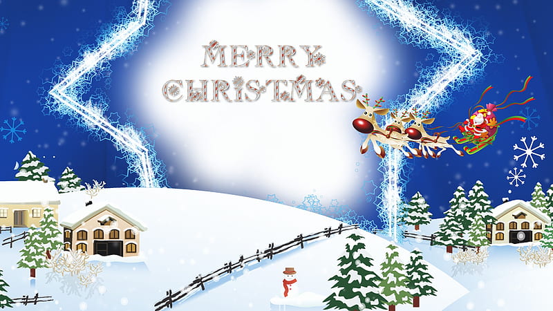 Santas Flight, sleigh, saint nicholas, firefox persona, saint nick, xmas, santa clause, village, reindeer, stars, feliz navidad, father christmas, christmas, ho santa claus, sky, snowman, cute, whimsical, snow, HD wallpaper