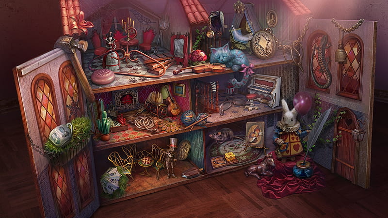 Doll house, fantasy, alice, luminos, elena lagutina, wonderland, stuff, cat, bunny, white rabbit, HD wallpaper