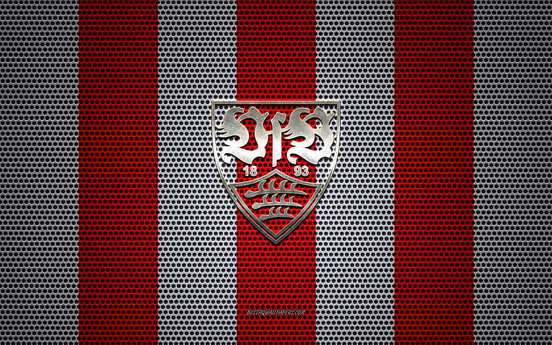 VfB Stuttgart logo, German football club, metal emblem, red and white metal mesh background, VfB Stuttgart, 2 Bundesliga, Stuttgart, Germany, football, HD wallpaper