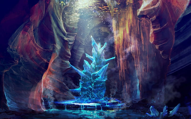 The cave, art, fantasy, water, luminos, ice, cave, blue, light, HD wallpaper