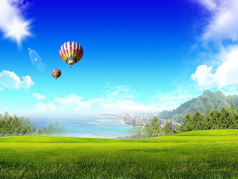 Hot Air Balloons Above the Green Field, sun, spring, sky, clouds, sea, mountains, ballons, nature, blue, field, HD wallpaper