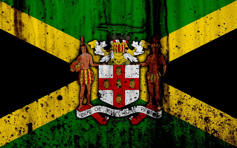 Jamaican flag grunge, flag of Jamaica, North America, Jamaica, national symbols, coat of arms of Jamaica, Jamaican coat of arms, Jamaica national emblem, HD wallpaper