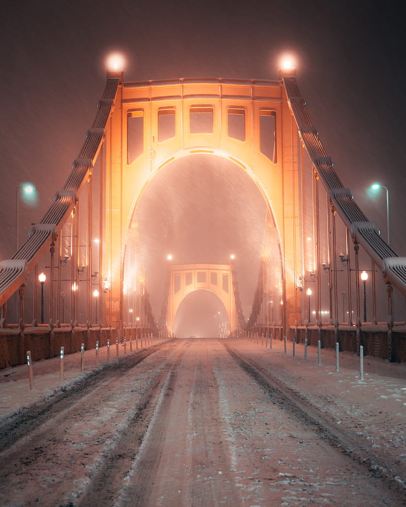 bridge, road, snow, blizzard, night, light, HD phone wallpaper