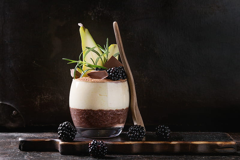 Chocolate pudding, Chocolate, Berries, Dessert, Blackberry, Spoon, Pudding, Glass, HD wallpaper