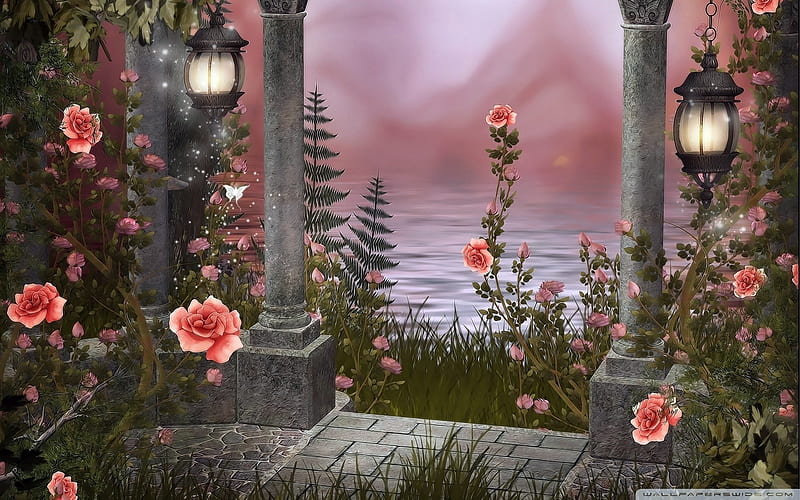 Roses, Light Poles, Water, Mountains, Trees, Rorses, bonito, HD wallpaper