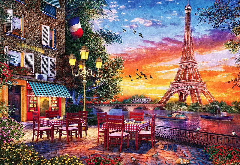 Paris Romance, eiffel tower, houses, sunset, restaurant, artwork, painting, HD wallpaper