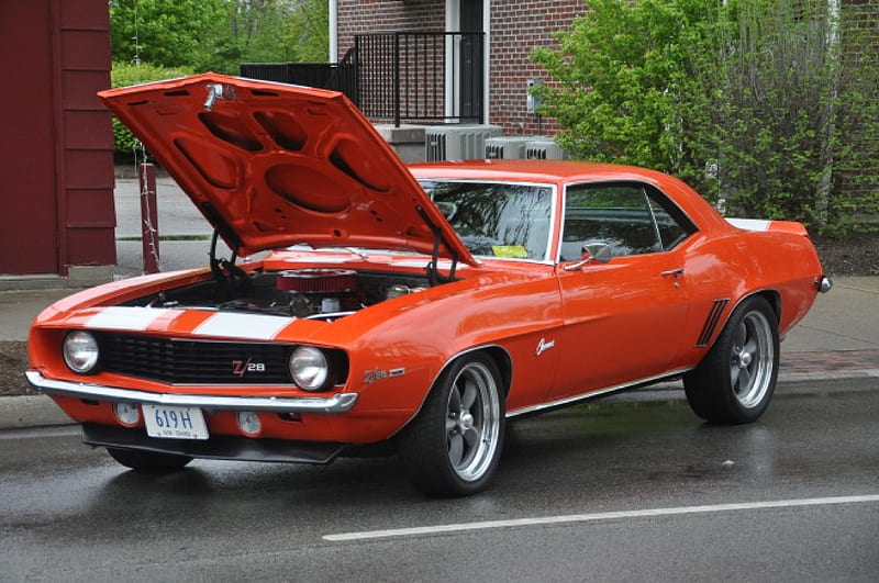 1969 Orange Camaro, White Stripes, Orange, Camaro, Chevy, HD wallpaper