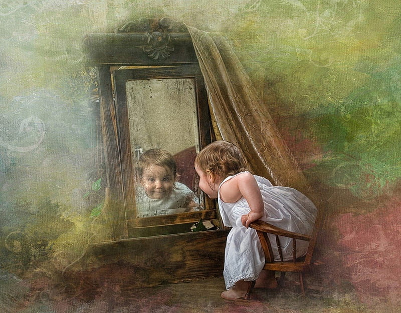 Young Smile in an Old Mirror, girl, old mirror, painting, mirror, smile, grapy, HD wallpaper