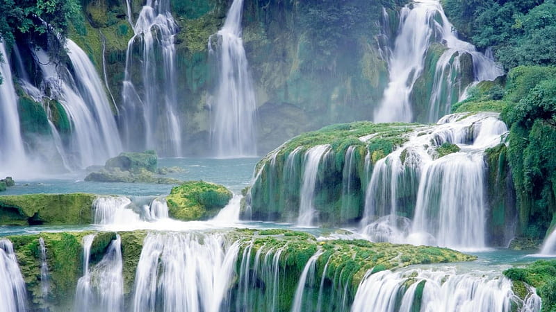 Spectacular Falls, water, green, beauty, nature, white, spectacular, falls, vietnam, HD wallpaper