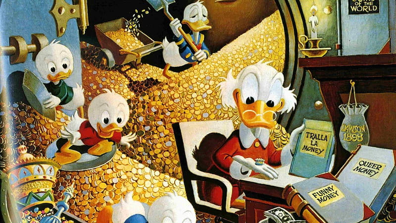 Scrooge McDuck, money, duck, animation, coin, disney, HD wallpaper